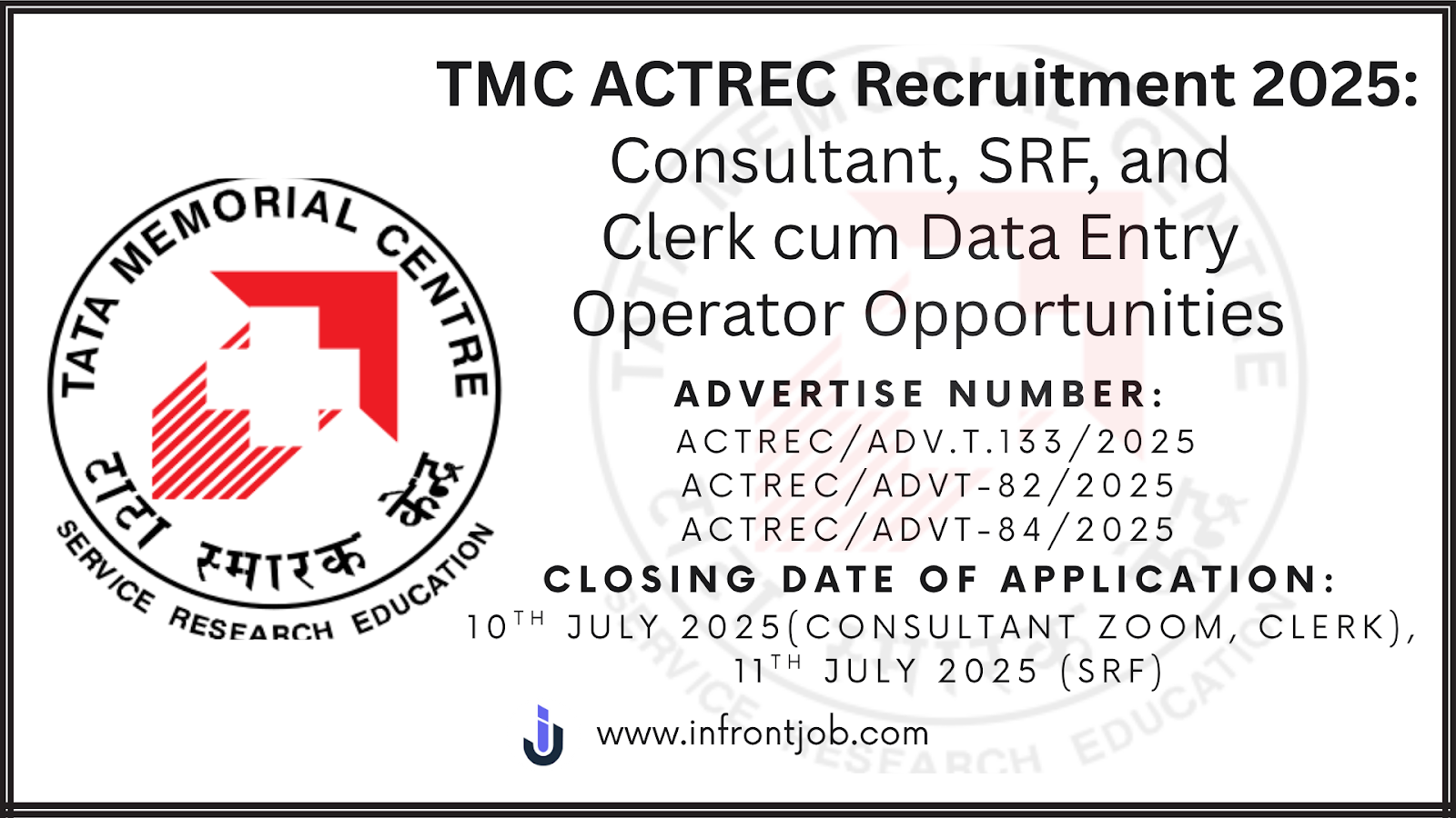 TMC ACTREC Recruitment 2025: Consultant, SRF, Clerk Jobs