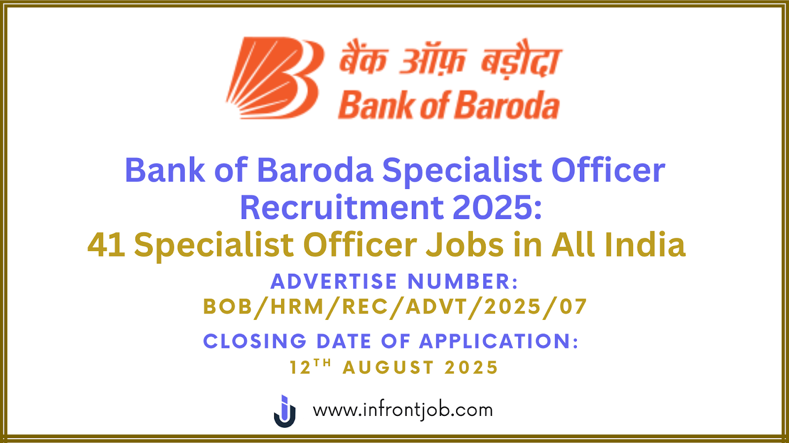 Bank of Baroda Specialist Officer Recruitment 2025: 41 SO Posts Across India