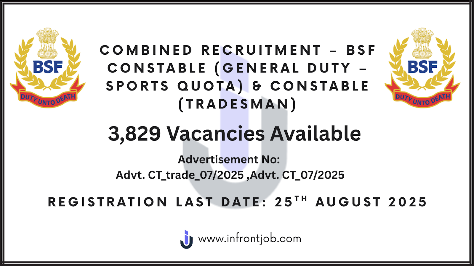 BSF Constable GD & Tradesman Recruitment 2025: 3,829 Posts